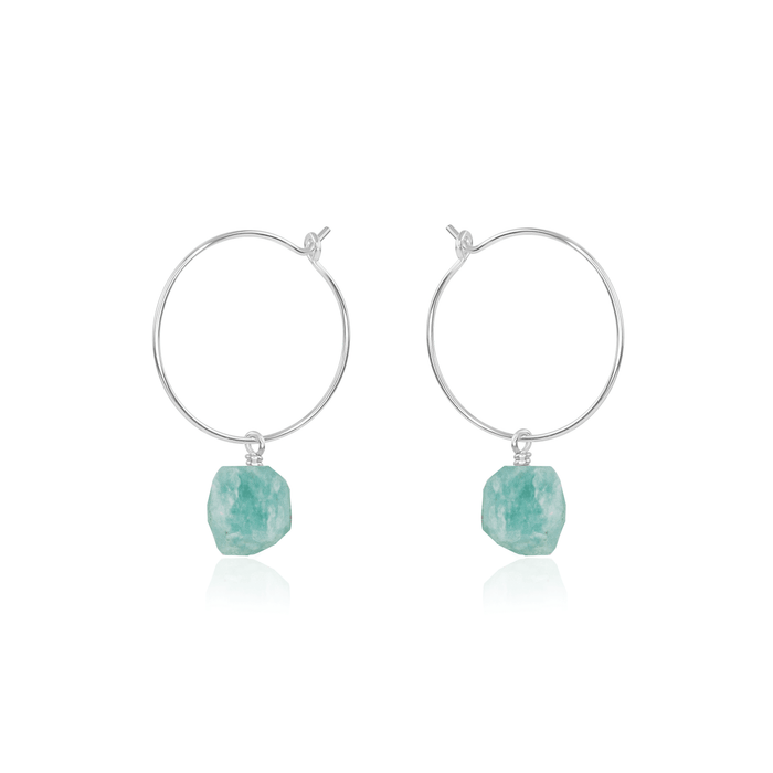 Raw Amazonite Gemstone Dangle Hoop Earrings - Raw Amazonite Gemstone Dangle Hoop Earrings - Sterling Silver - Luna Tide Handmade Crystal Jewellery