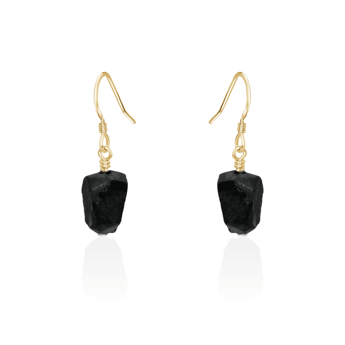 Raw Black Obsidian Crystal Dangle Drop Earrings - Raw Black Obsidian Crystal Dangle Drop Earrings - 14k Gold Fill - Luna Tide Handmade Crystal Jewellery