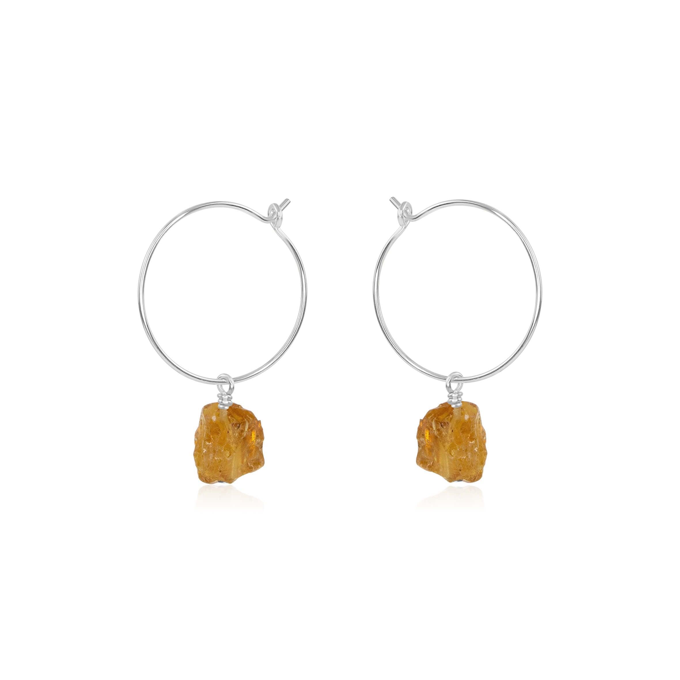 Raw Citrine Gemstone Dangle Hoop Earrings - Raw Citrine Gemstone Dangle Hoop Earrings - Sterling Silver - Luna Tide Handmade Crystal Jewellery