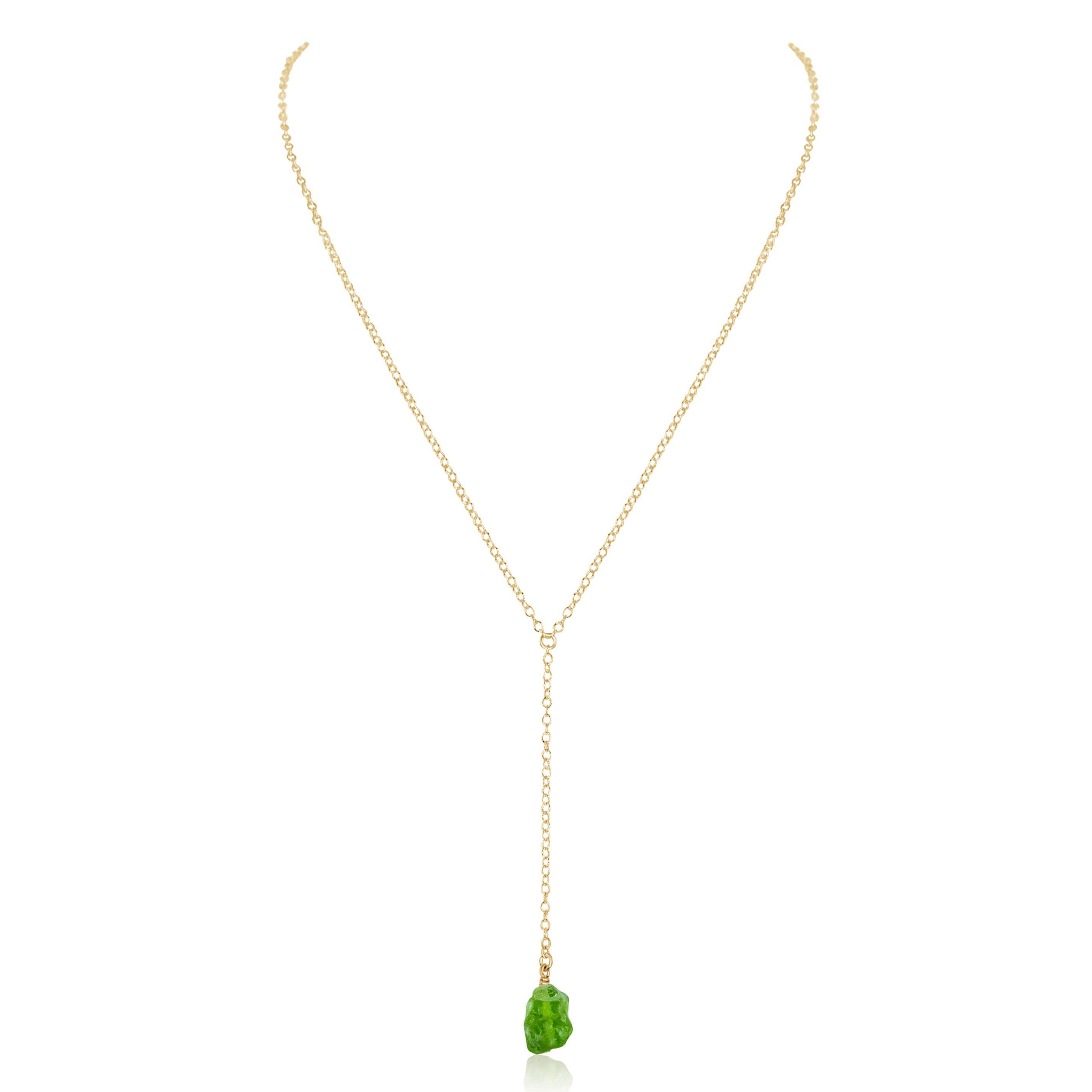 Raw Green Peridot Crystal Lariat Necklace - Raw Green Peridot Crystal Lariat Necklace - 14k Gold Fill - Luna Tide Handmade Crystal Jewellery