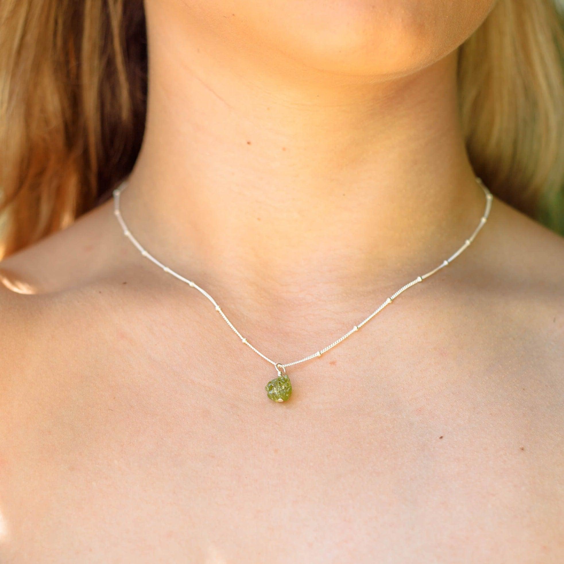 Raw Peridot Natural Crystal Pendant Necklace - Raw Peridot Natural Crystal Pendant Necklace - Sterling Silver / Satellite - Luna Tide Handmade Crystal Jewellery