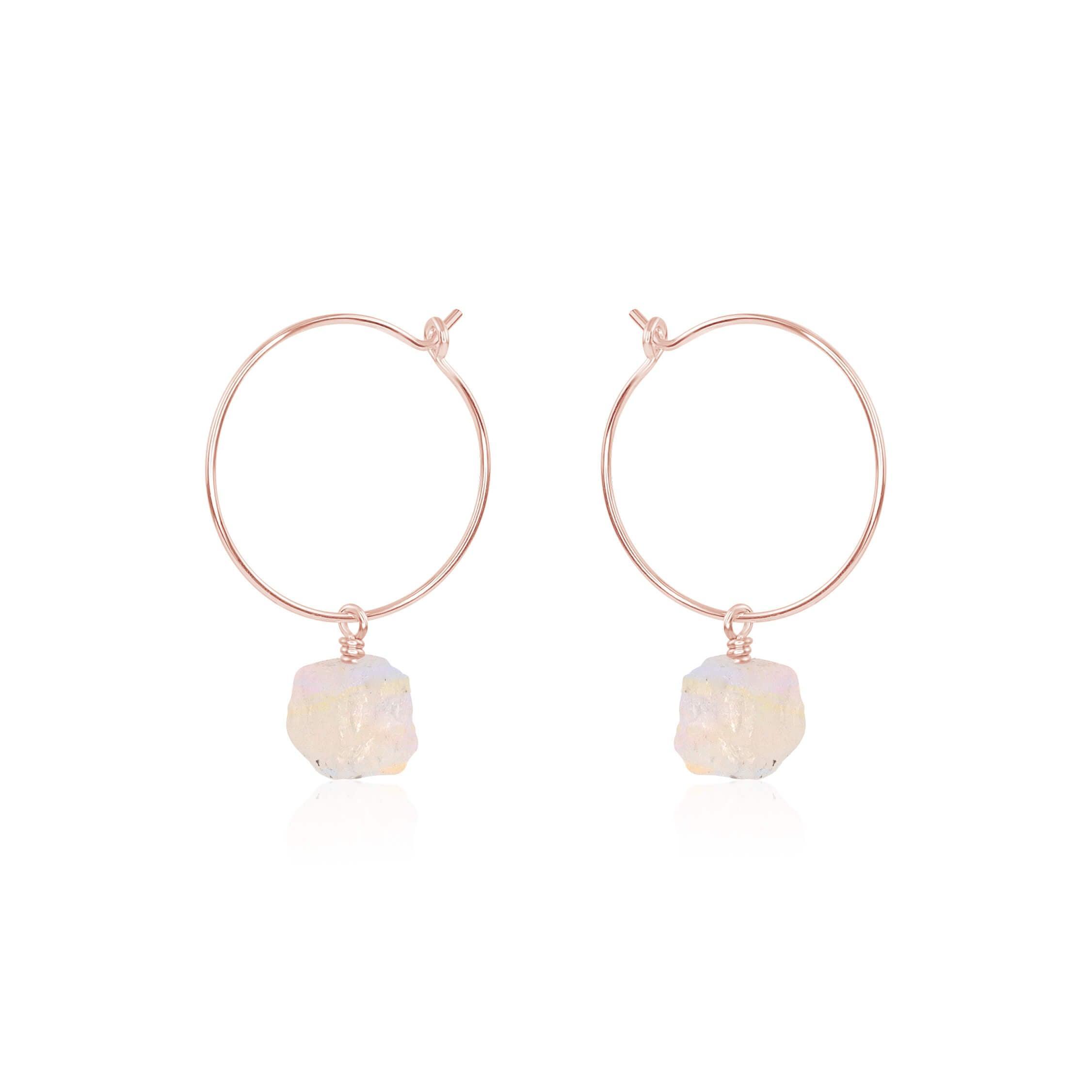 Raw Rainbow Moonstone Gemstone Dangle Hoop Earrings - Raw Rainbow Moonstone Gemstone Dangle Hoop Earrings - 14k Rose Gold Fill - Luna Tide Handmade Crystal Jewellery