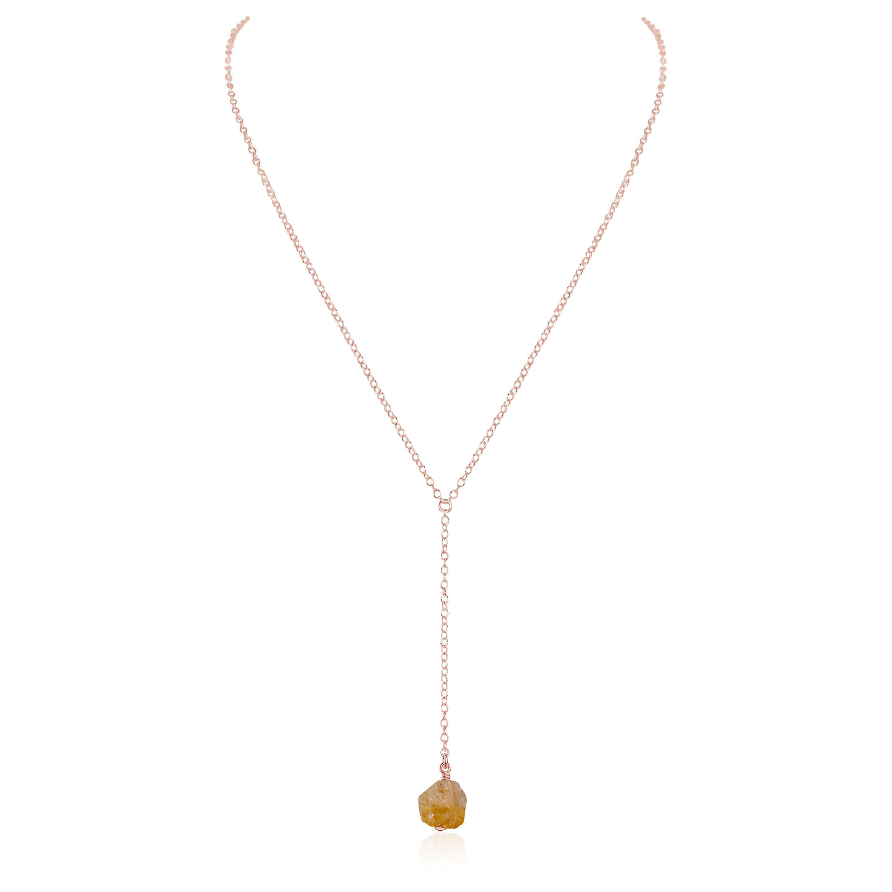 Raw Yellow Citrine Crystal Lariat Necklace - Raw Yellow Citrine Crystal Lariat Necklace - 14k Rose Gold Fill - Luna Tide Handmade Crystal Jewellery