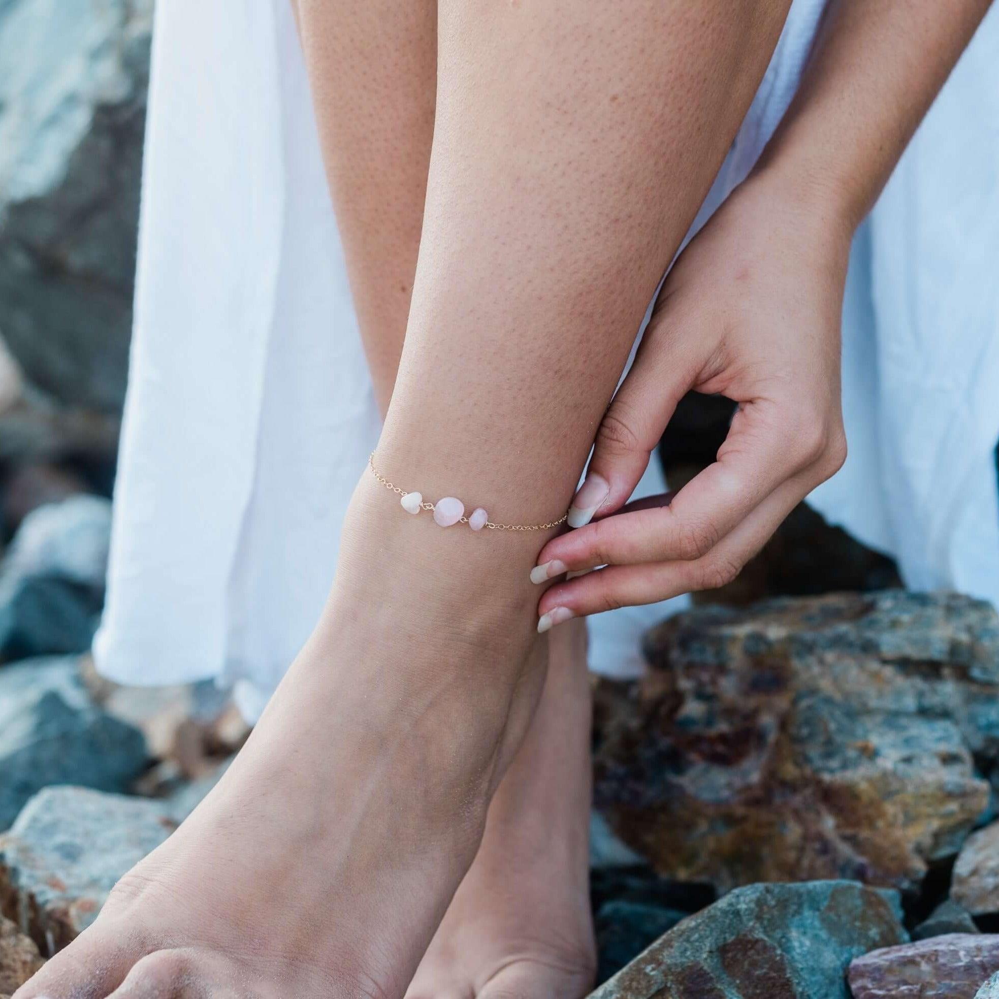 Rose Quartz Beaded Chain Anklet - Rose Quartz Beaded Chain Anklet - 14k Gold Fill - Luna Tide Handmade Crystal Jewellery