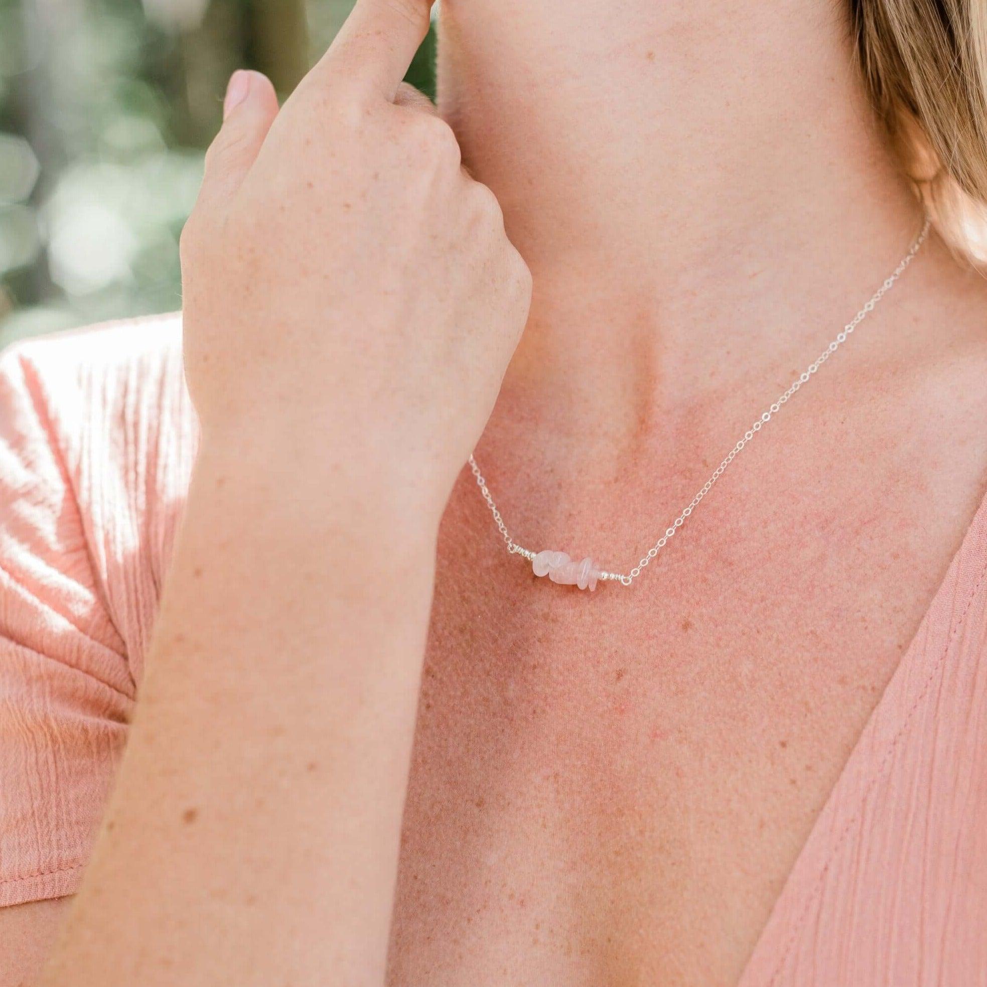 Rose Quartz Chip Bead Bar Necklace - Rose Quartz Chip Bead Bar Necklace - Sterling Silver - Luna Tide Handmade Crystal Jewellery