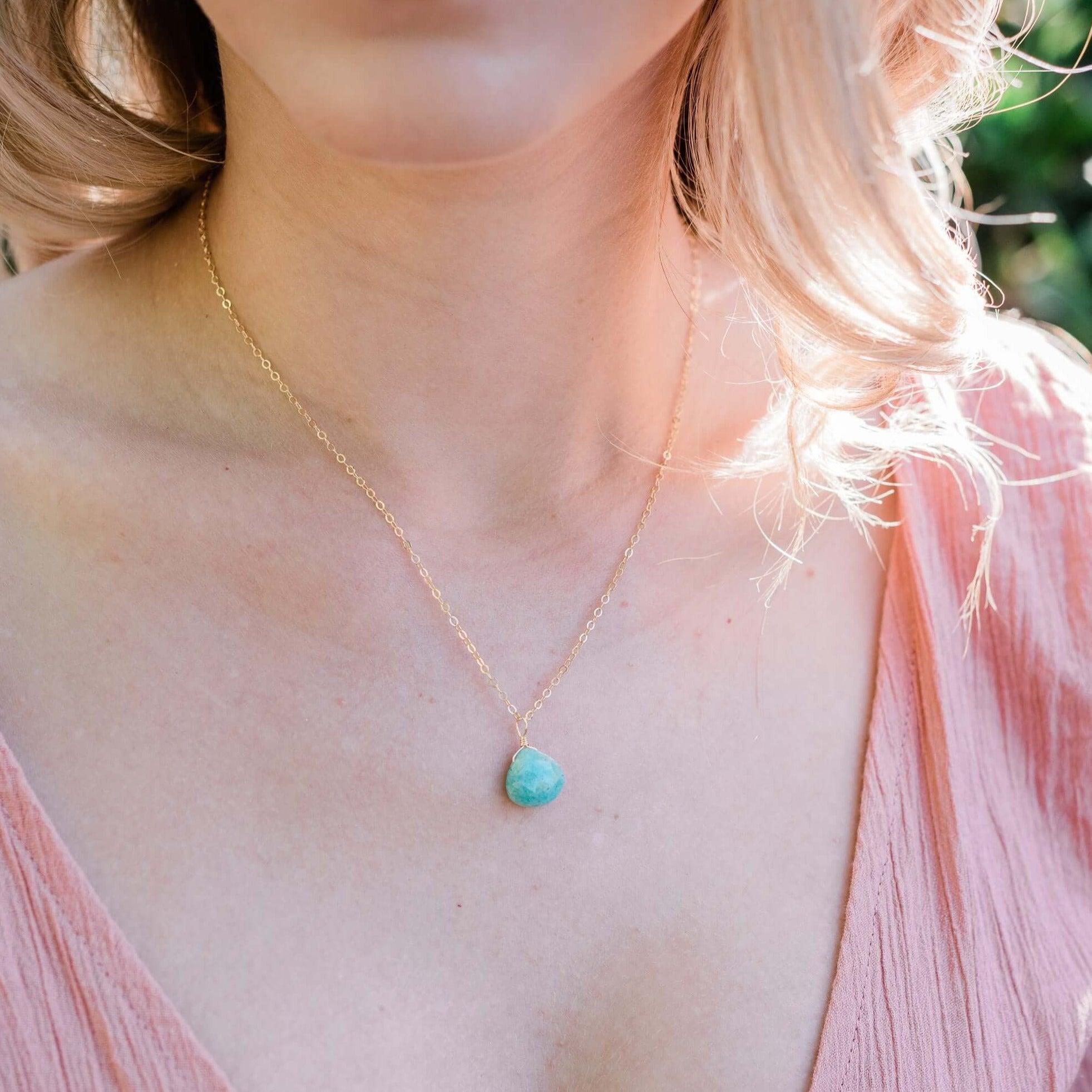 Tiny Amazonite Teardrop Necklace - Tiny Amazonite Teardrop Necklace - 14k Gold Fill / Cable - Luna Tide Handmade Crystal Jewellery