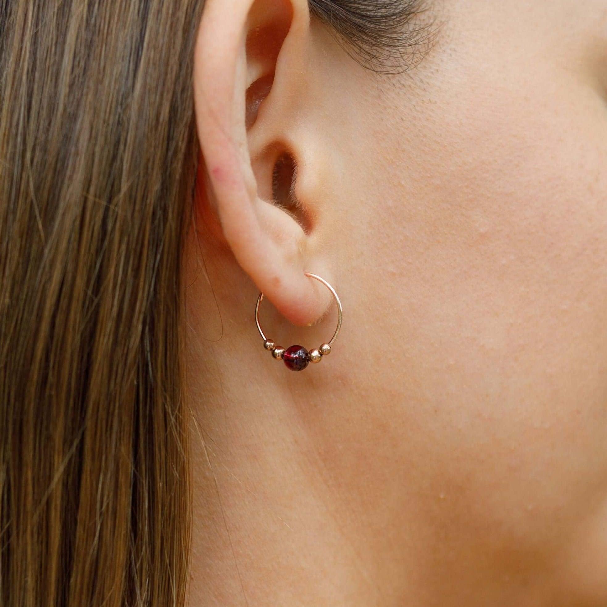 Tiny Garnet Bead Hoop Earrings - Tiny Garnet Bead Hoop Earrings - 14k Gold Fill - Luna Tide Handmade Crystal Jewellery