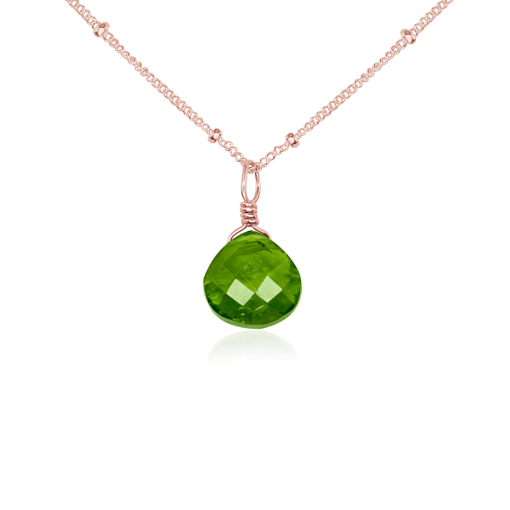 Tiny Peridot Teardrop Crystal Necklace - Tiny Peridot Teardrop Crystal Necklace - 14k Rose Gold Fill / Satellite - Luna Tide Handmade Crystal Jewellery