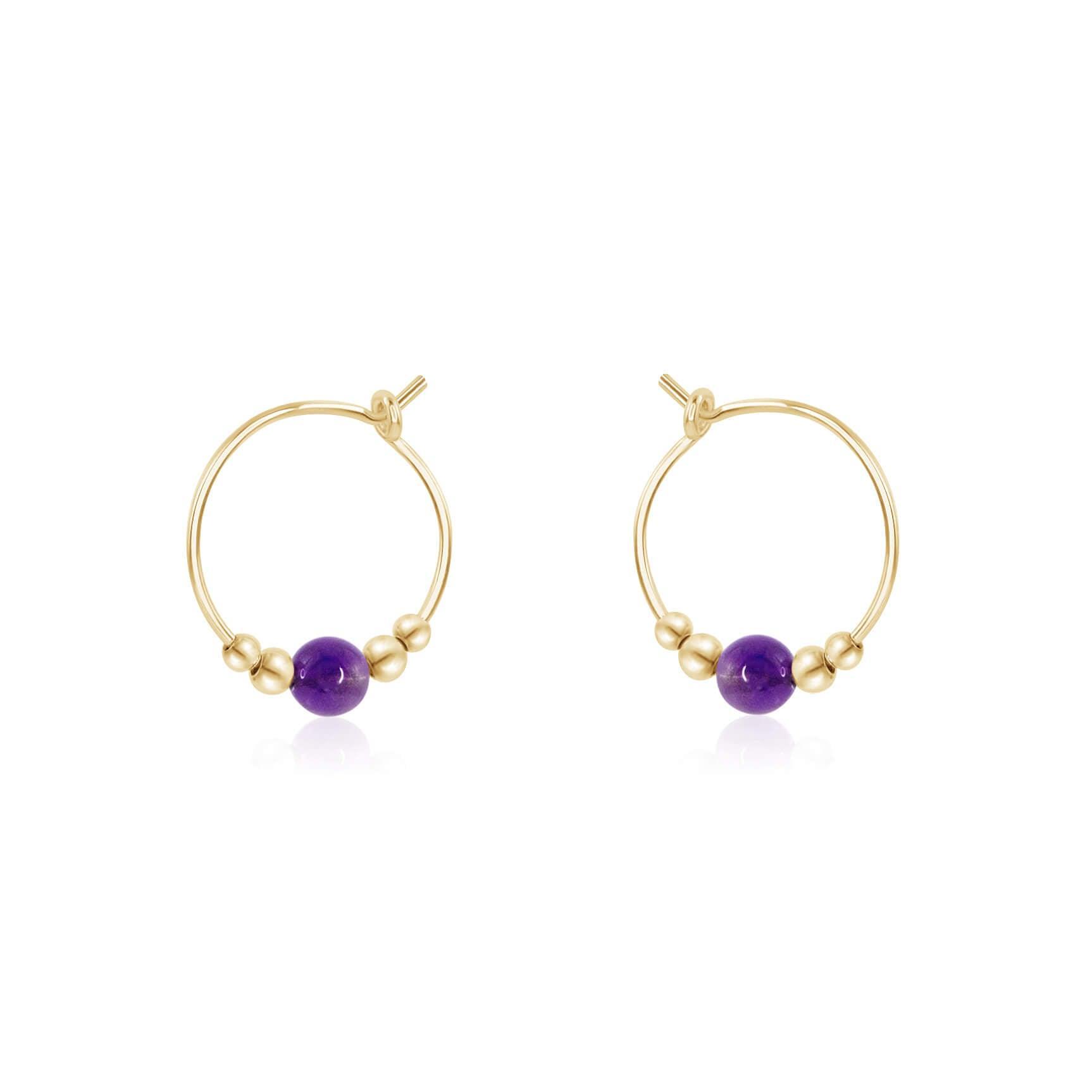 Tiny Purple Amethyst Bead Hoop Earrings - Tiny Purple Amethyst Bead Hoop Earrings - 14k Gold Fill - Luna Tide Handmade Crystal Jewellery
