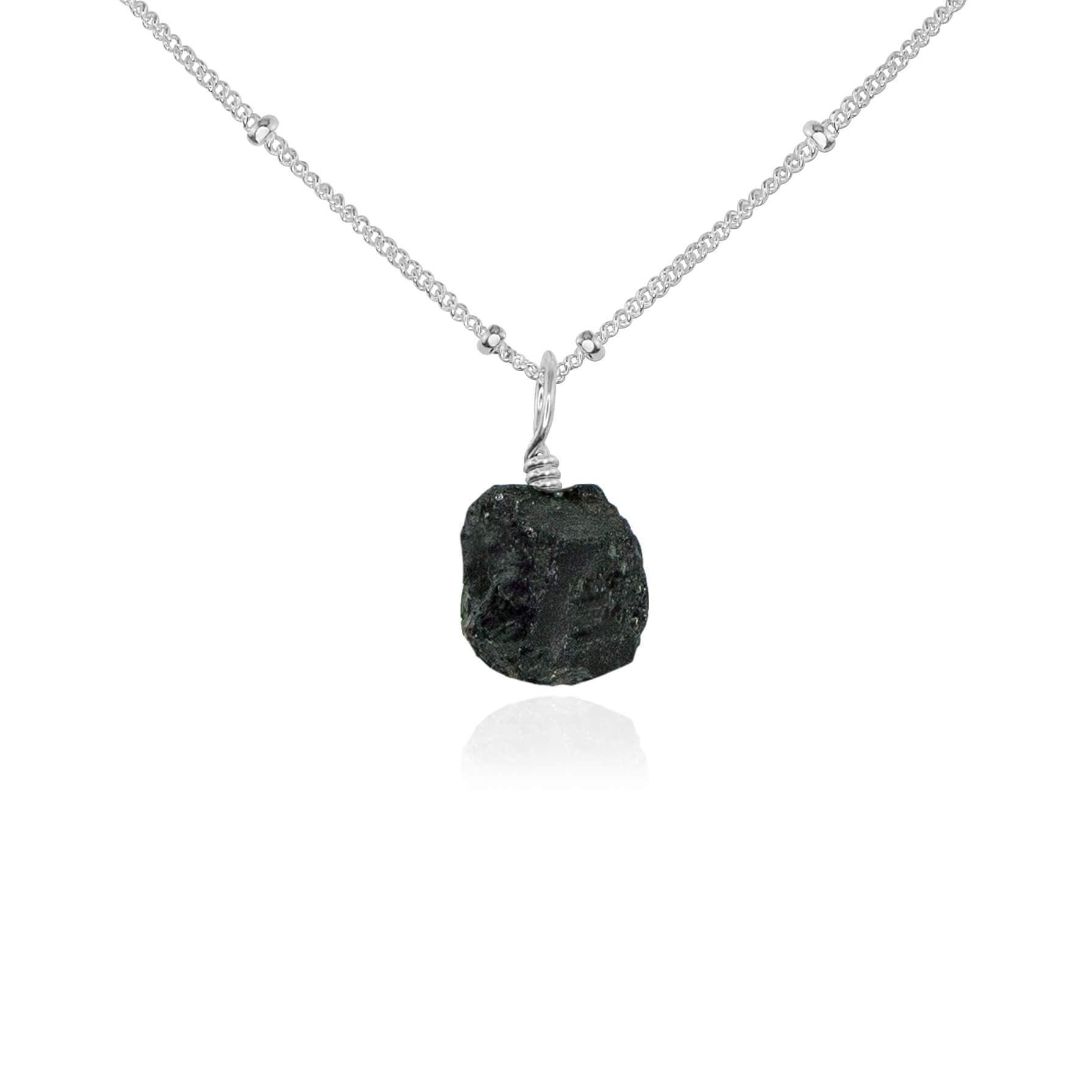 Tiny Raw Black Tourmaline Pendant Necklace - Tiny Raw Black Tourmaline Pendant Necklace - Sterling Silver / Satellite - Luna Tide Handmade Crystal Jewellery