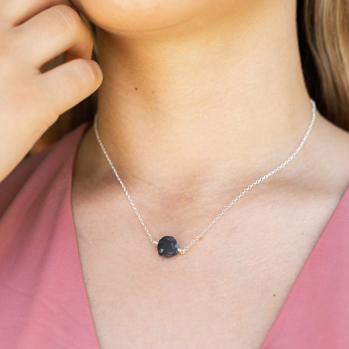 Tiny Raw Obsidian Crystal Nugget Necklace - Tiny Raw Obsidian Crystal Nugget Necklace - Sterling Silver - Luna Tide Handmade Crystal Jewellery