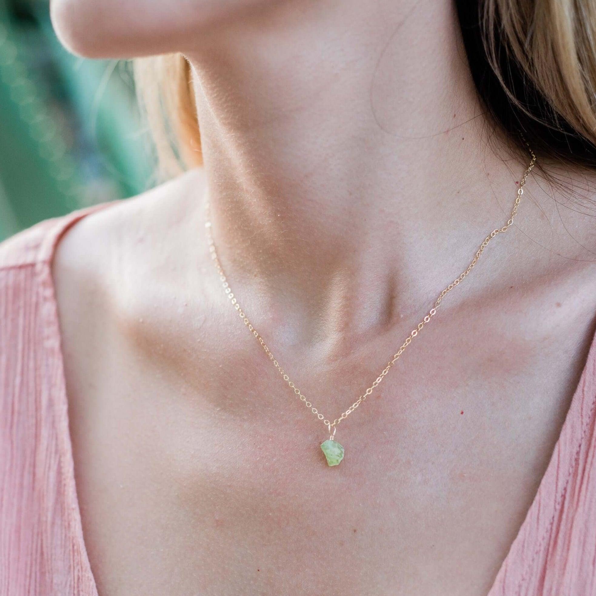 Tiny Raw Peridot Pendant Necklace - Tiny Raw Peridot Pendant Necklace - 14k Gold Fill / Cable - Luna Tide Handmade Crystal Jewellery
