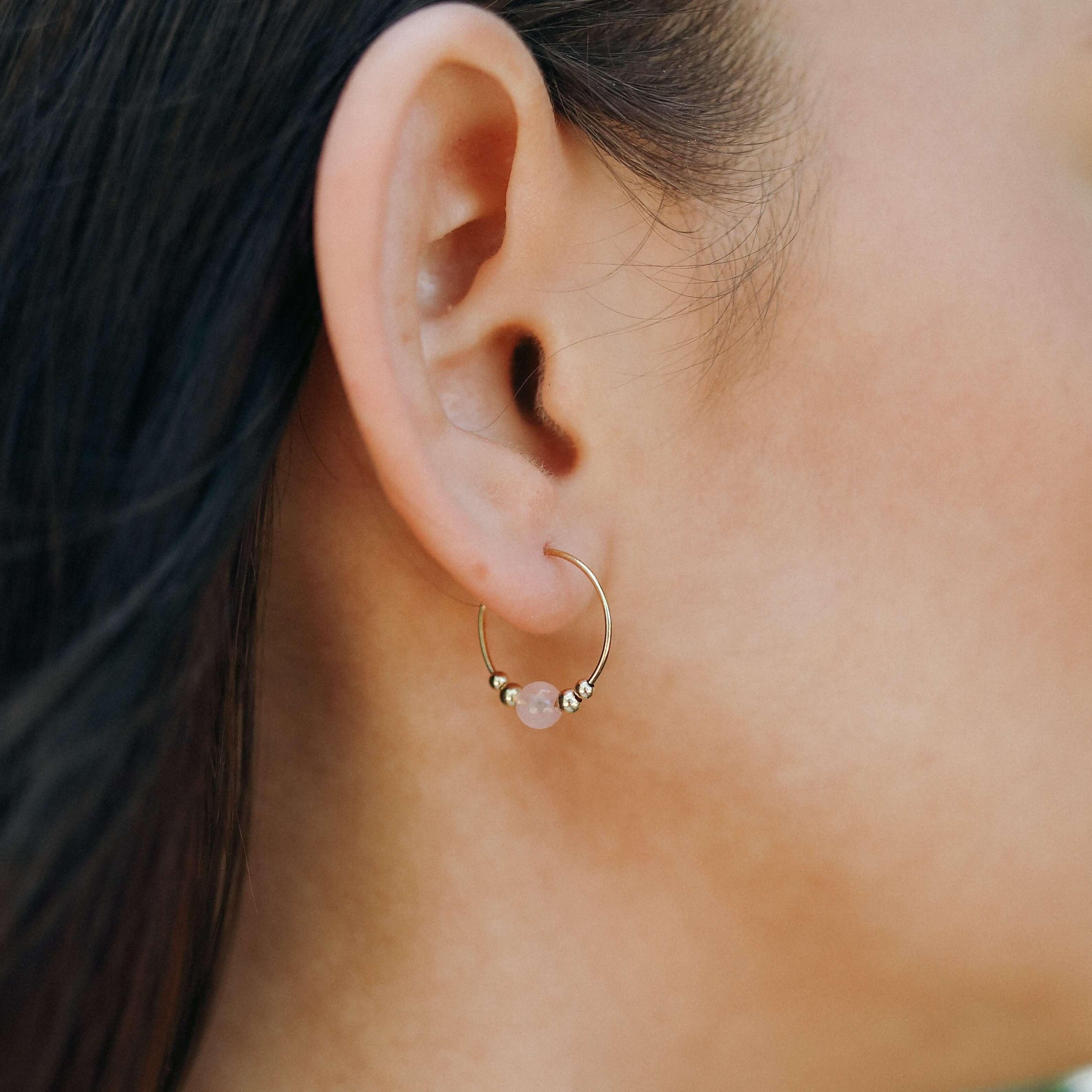 Tiny Rose Quartz Bead Hoop Earrings - Tiny Rose Quartz Bead Hoop Earrings - 14k Gold Fill - Luna Tide Handmade Crystal Jewellery