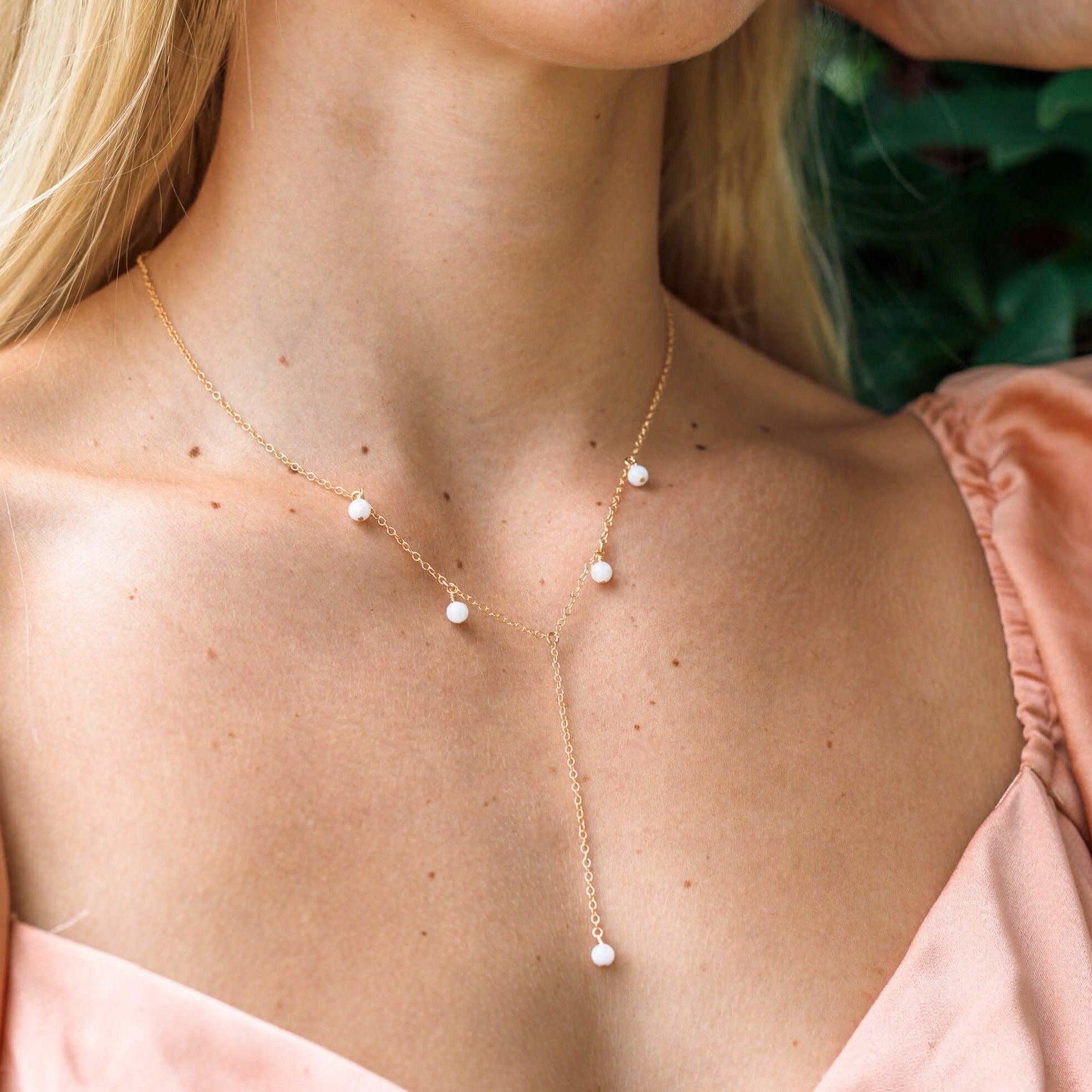 White Moonstone Crystal Boho Lariat Necklace - White Moonstone Crystal Boho Lariat Necklace - 14k Gold Fill - Luna Tide Handmade Crystal Jewellery