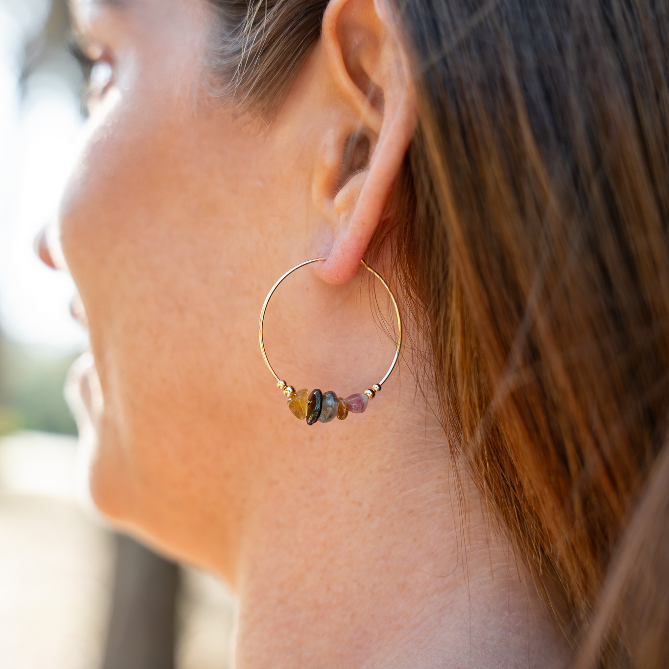 Rainbow Tourmaline Crystal Chip Large Hoop Earrings