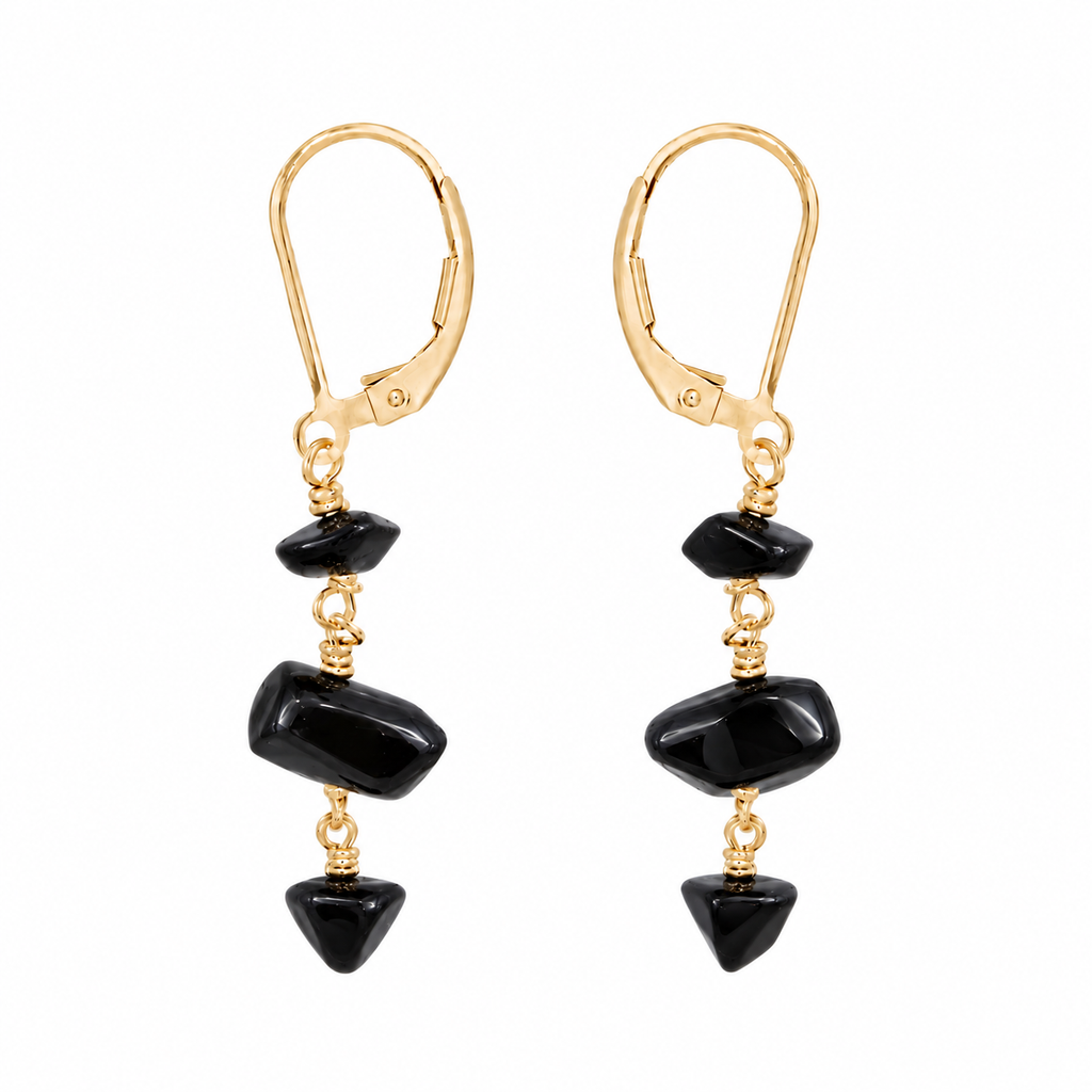 Black Onyx Crystal Beaded Chain Dangle Leverback Earrings