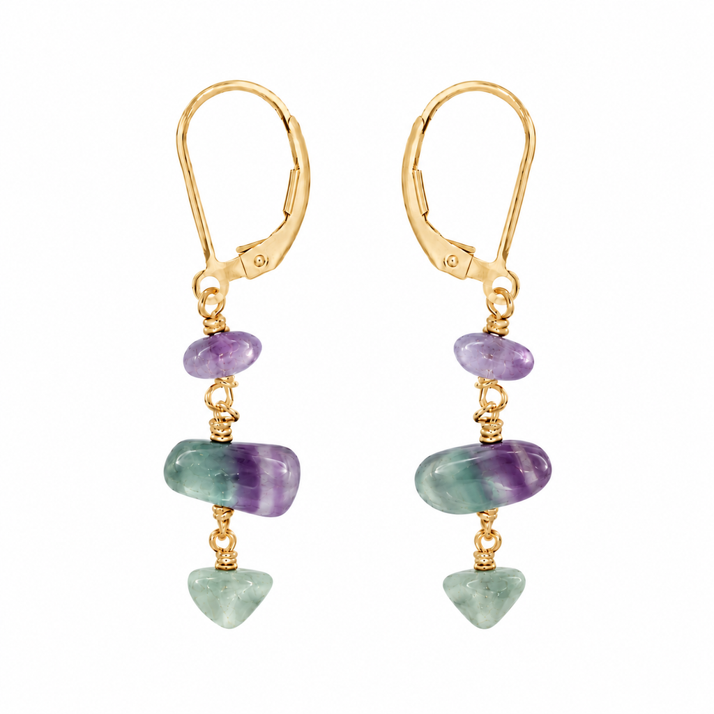 Fluorite Crystal Beaded Chain Dangle Leverback Earrings