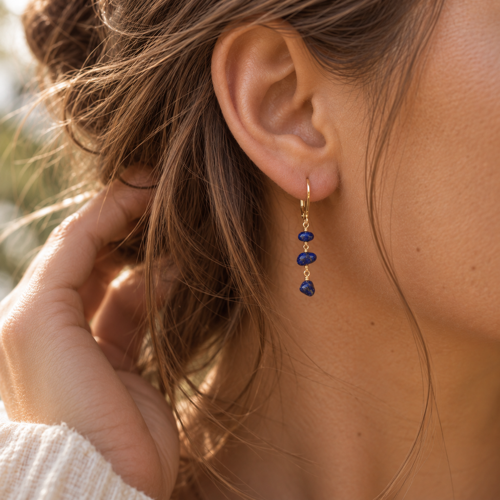 Lapis Lazuli Crystal Beaded Chain Dangle Leverback Earrings
