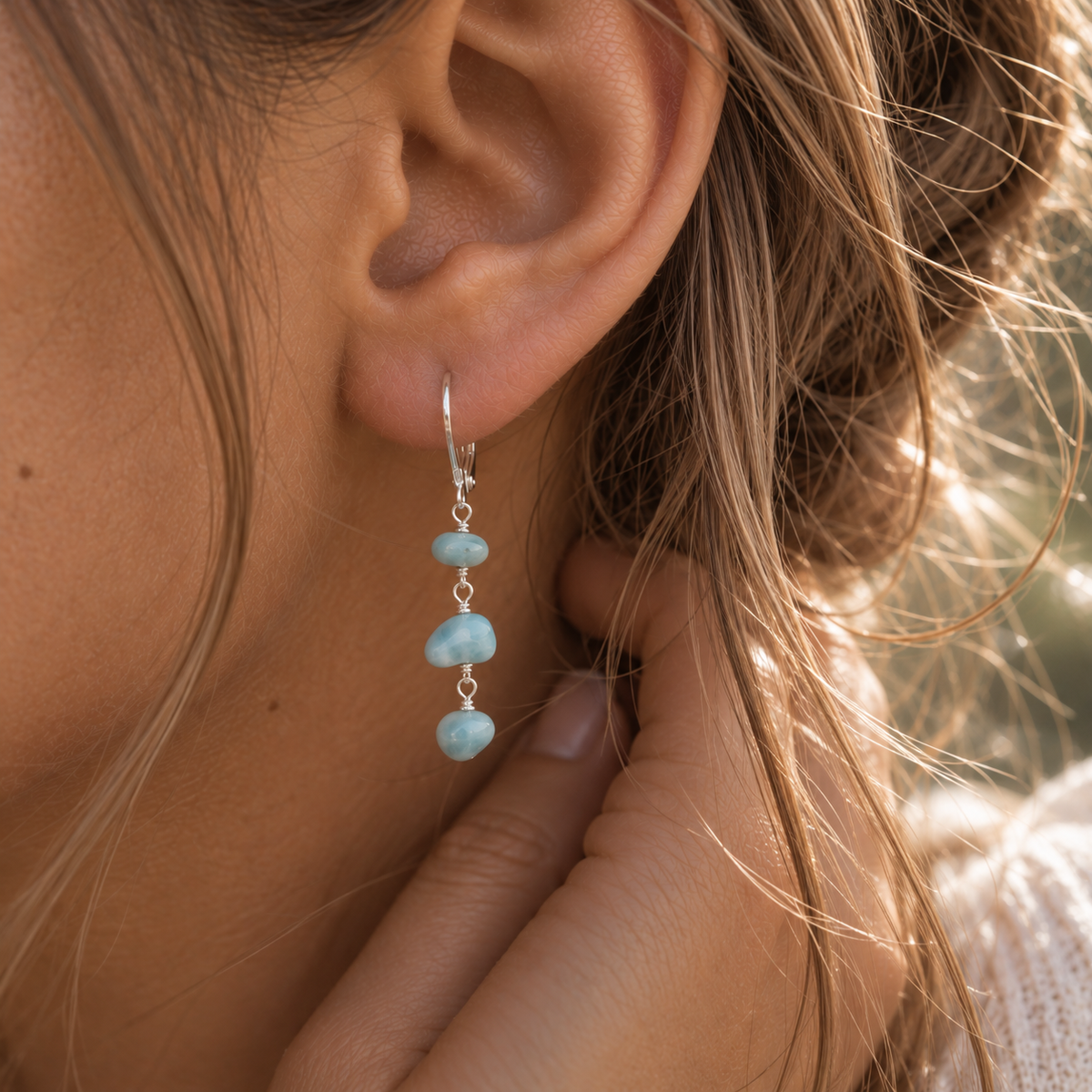 Larimar Crystal Beaded Chain Dangle Leverback Earrings