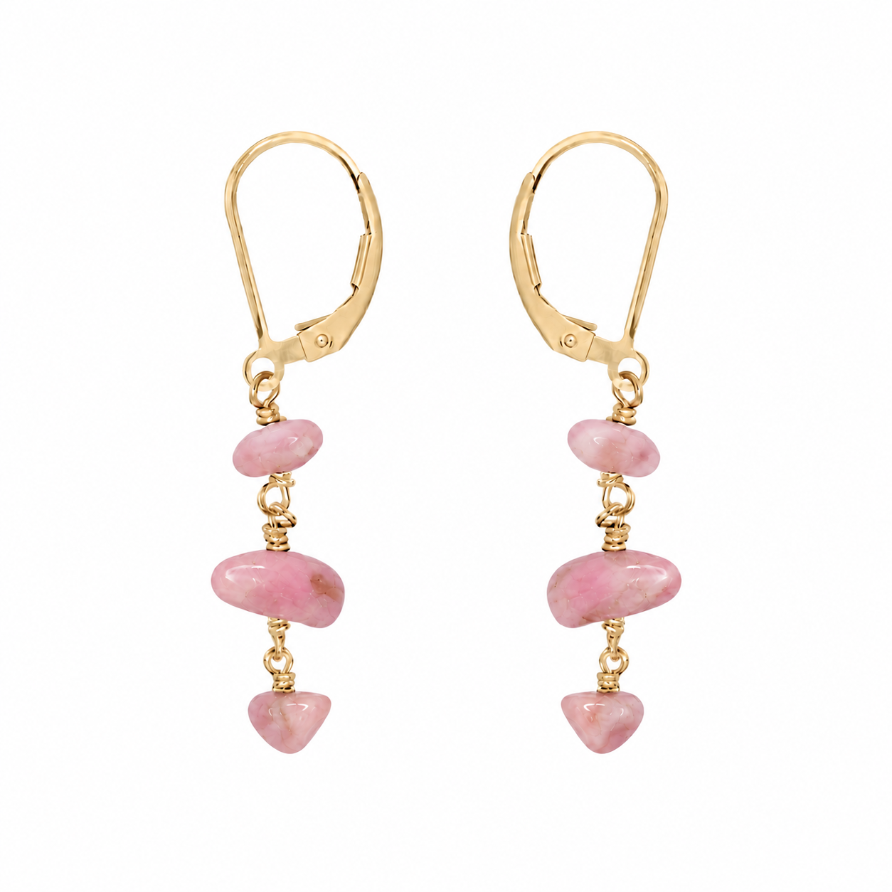 Pink Peruvian Opal Crystal Beaded Chain Dangle Leverback Earrings