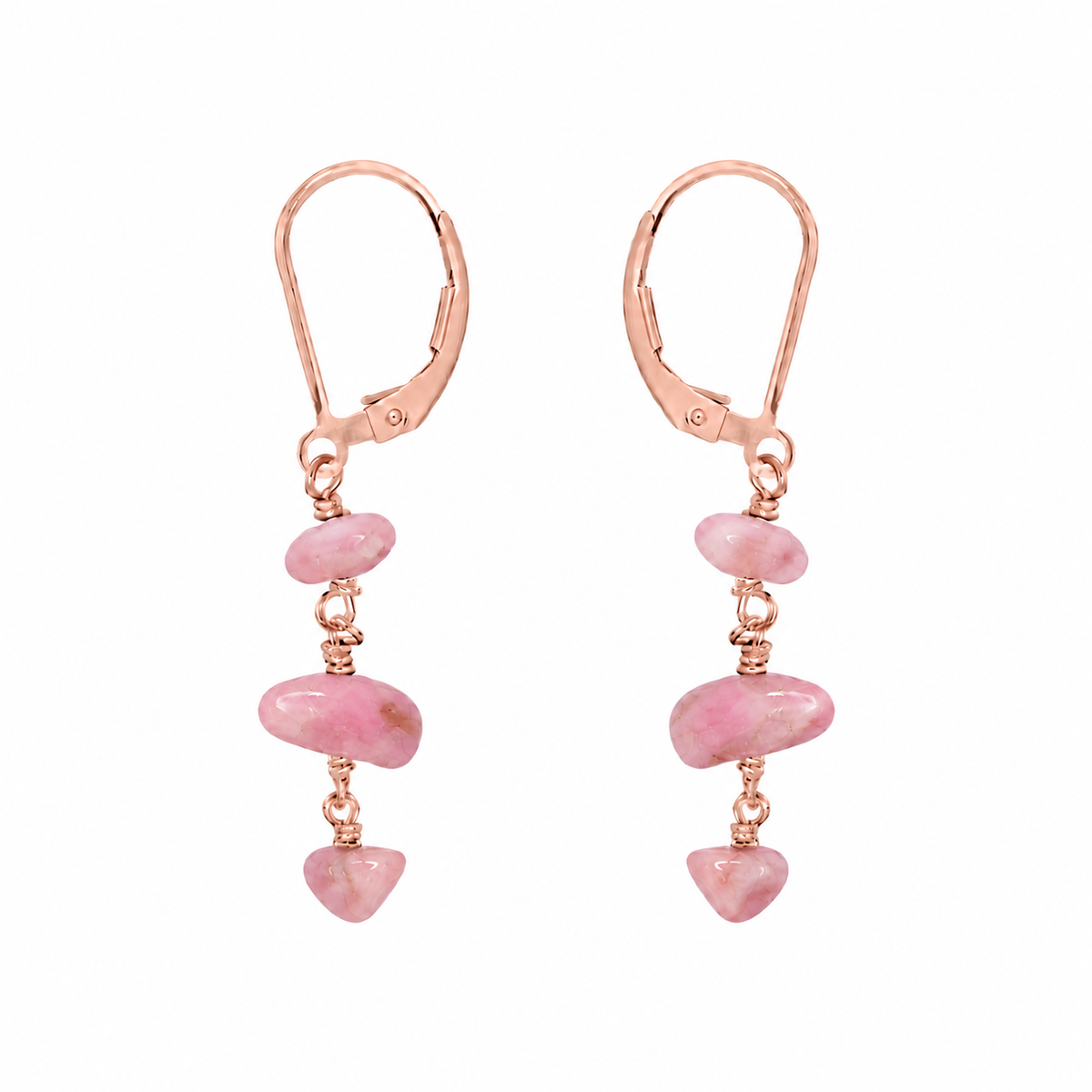 Pink Peruvian Opal Crystal Beaded Chain Dangle Leverback Earrings