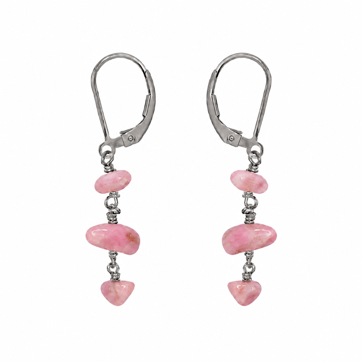 Pink Peruvian Opal Crystal Beaded Chain Dangle Leverback Earrings