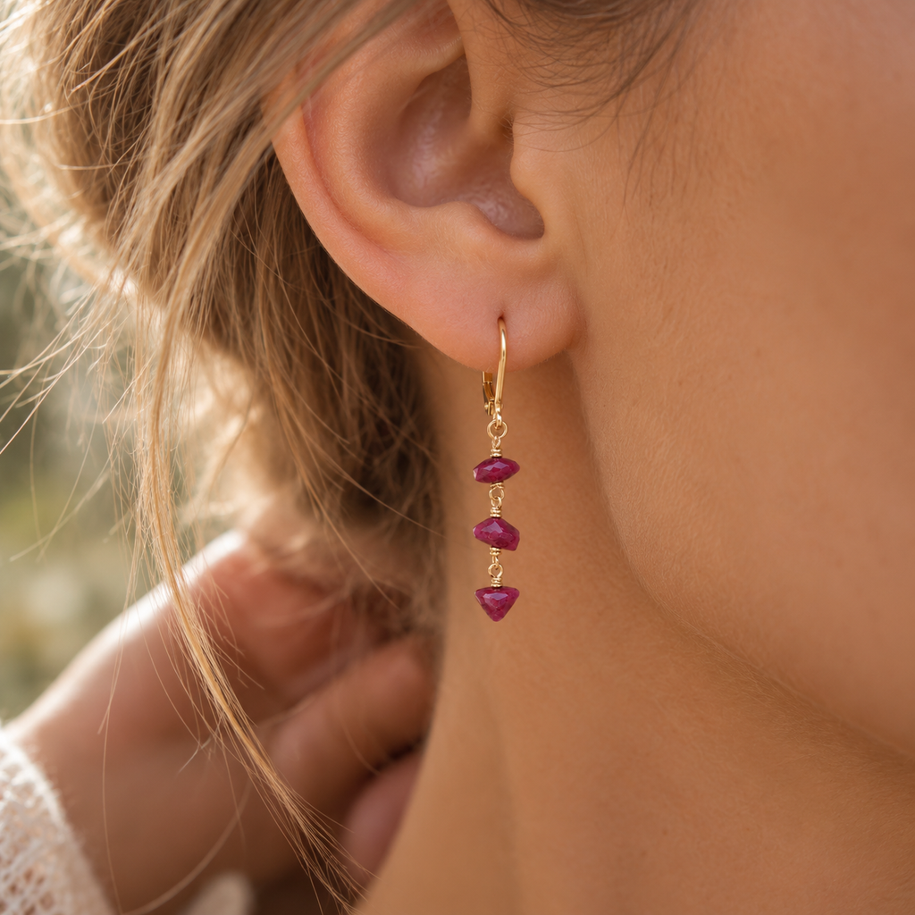 Ruby Crystal Beaded Chain Dangle Leverback Earrings
