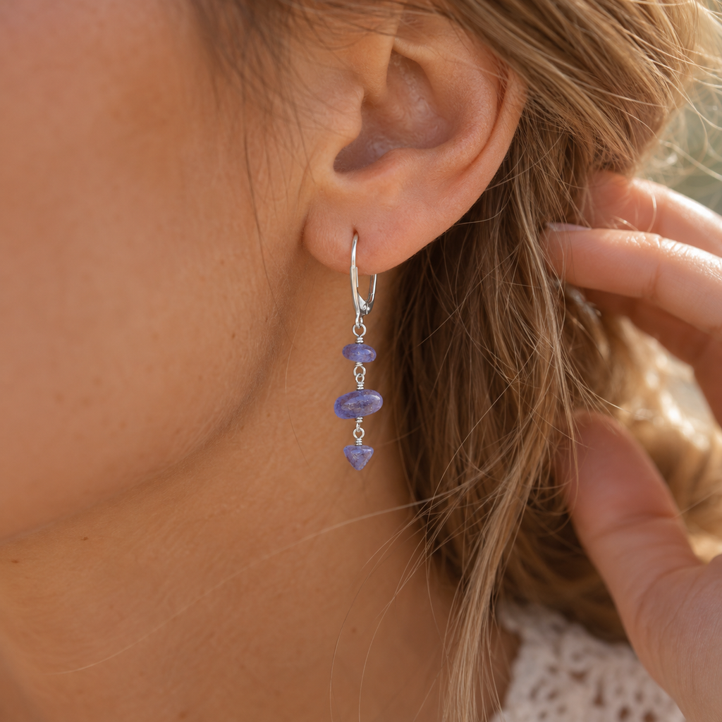 Tanzanite Crystal Beaded Chain Dangle Leverback Earrings