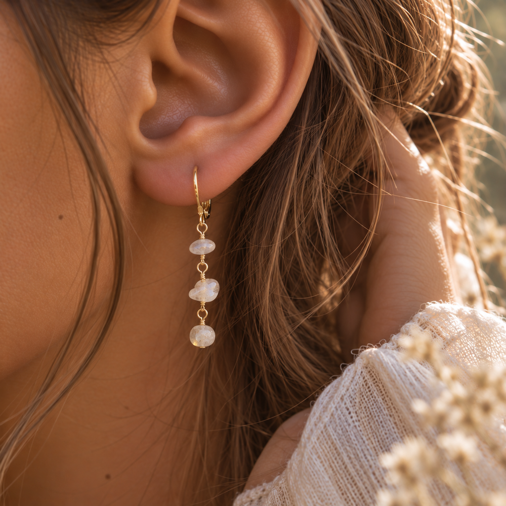 White Moonstone Crystal Beaded Chain Dangle Leverback Earrings