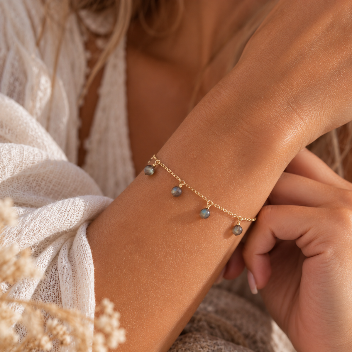 Labradorite Boho Gemstone Bead Drop Charm Bracelet
