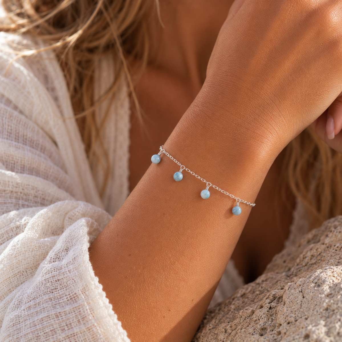 Larimar Boho Gemstone Bead Drop Charm Bracelet