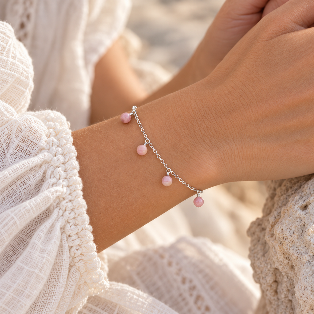 Pink Peruvian Opal Boho Gemstone Bead Drop Charm Bracelet