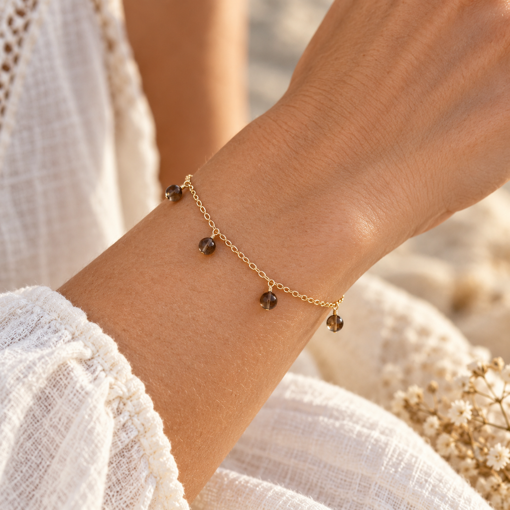 Smoky Quartz Boho Gemstone Bead Drop Charm Bracelet