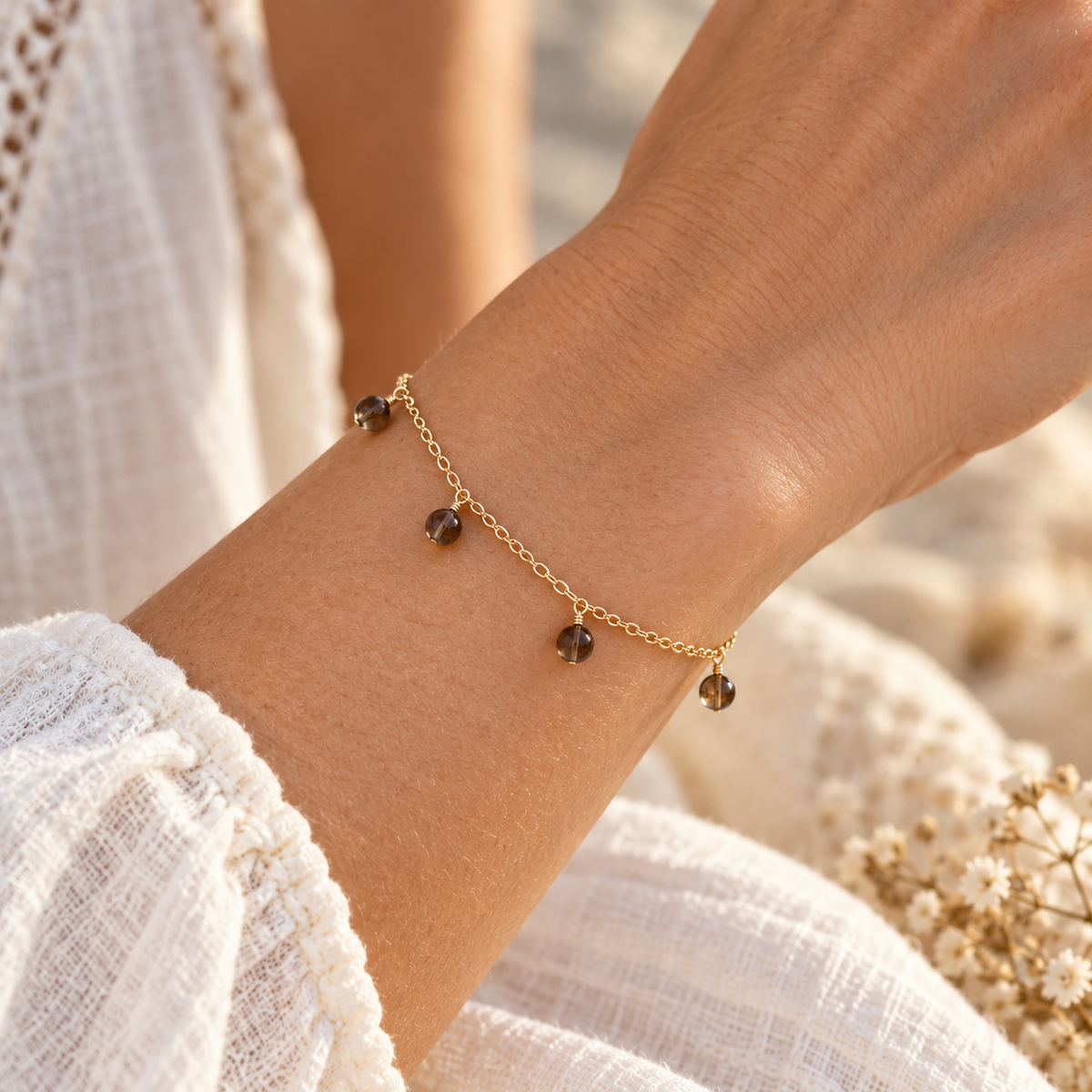 Smoky Quartz Boho Gemstone Bead Drop Charm Bracelet