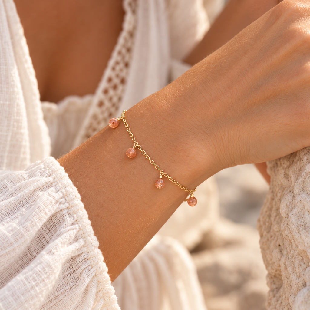Sunstone Boho Gemstone Bead Drop Charm Bracelet