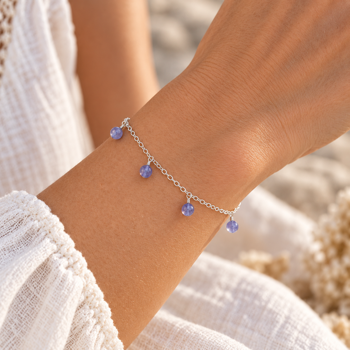 Tanzanite Boho Gemstone Bead Drop Charm Bracelet