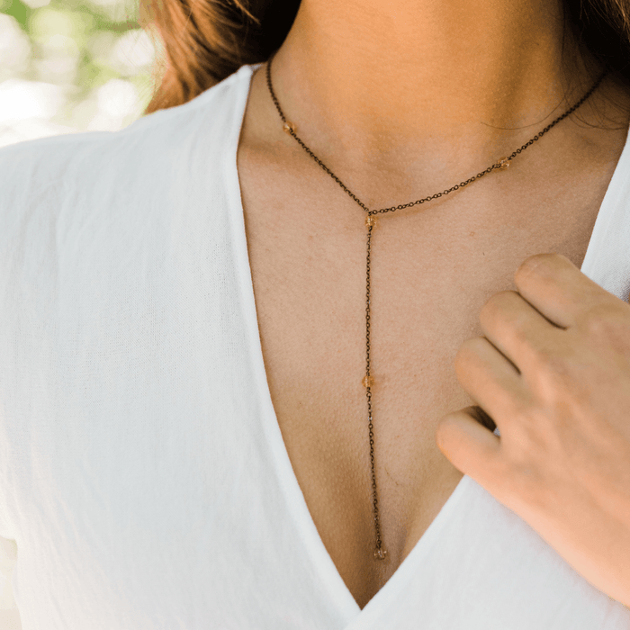 Bronze Citrine Dainty Crystal Lariat Necklace