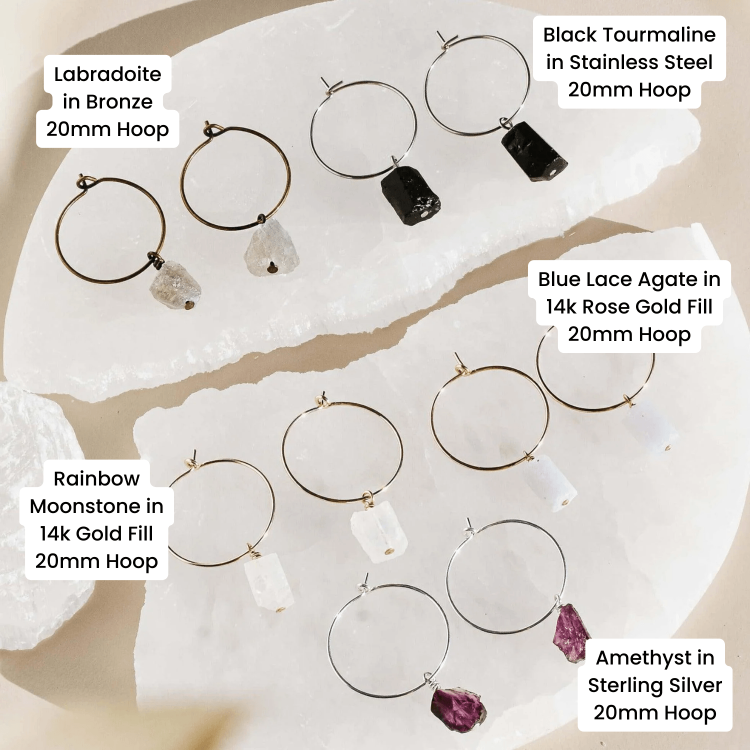 Custom Raw Gemstone Dangle Hoop Earrings