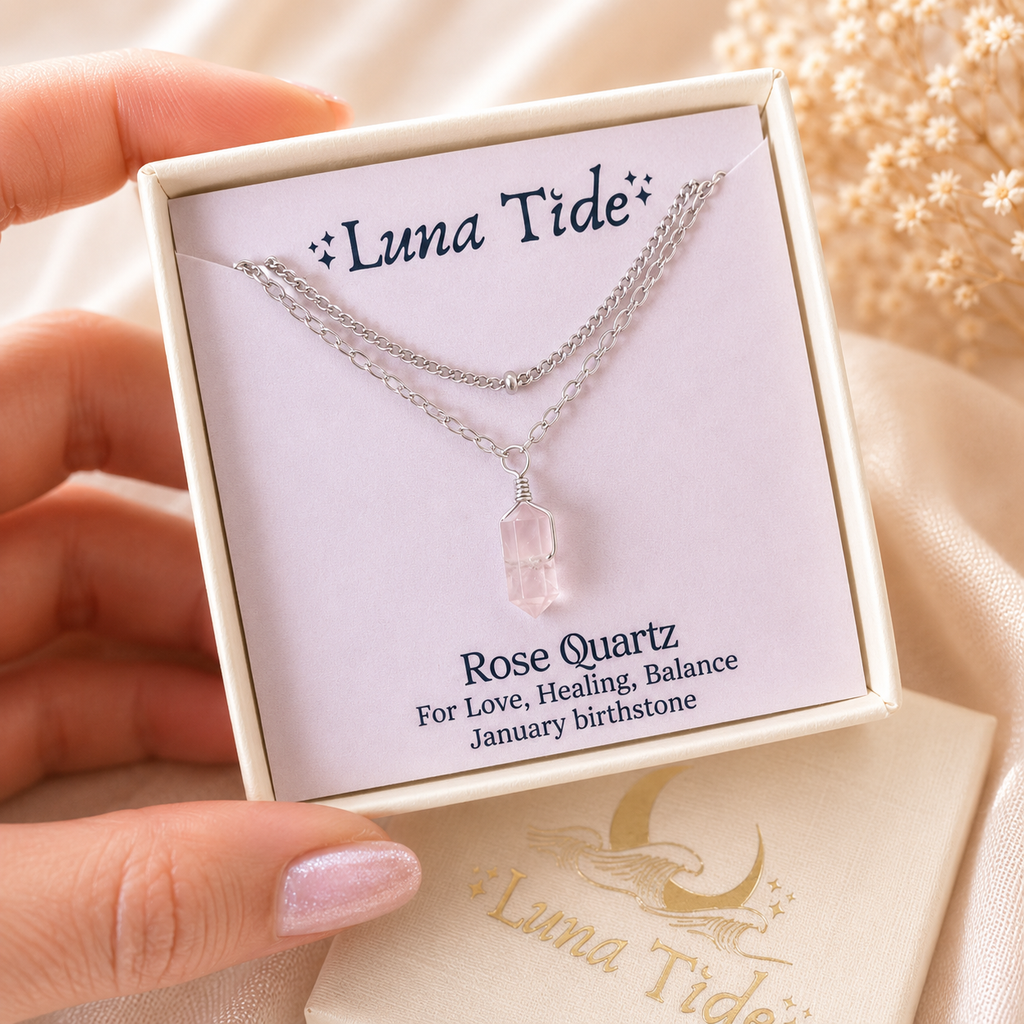 Rose Quartz Double Terminated Crystal Chain Layered Choker Necklace