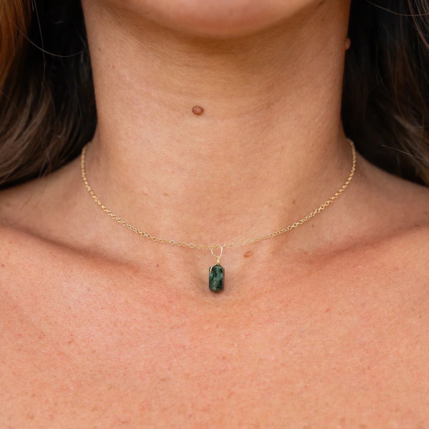 Emerald Mini Double Terminated Crystal Point Pendant Choker Necklace