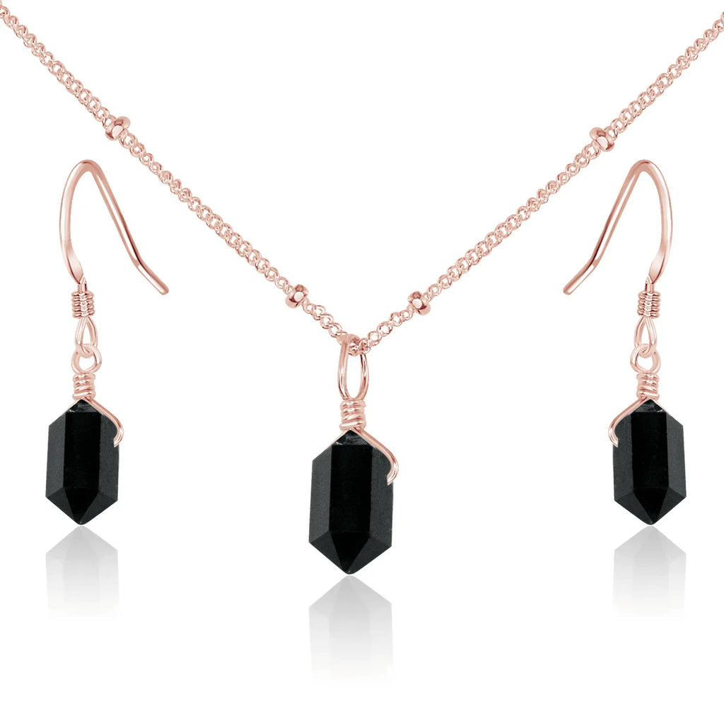 Black Tourmaline Double Terminated Crystal Jewellery Set - Black Tourmaline Double Terminated Crystal Jewellery Set - 14k Rose Gold Fill / Necklace & Earrings / Satellite - Luna Tide Handmade Crystal Jewellery