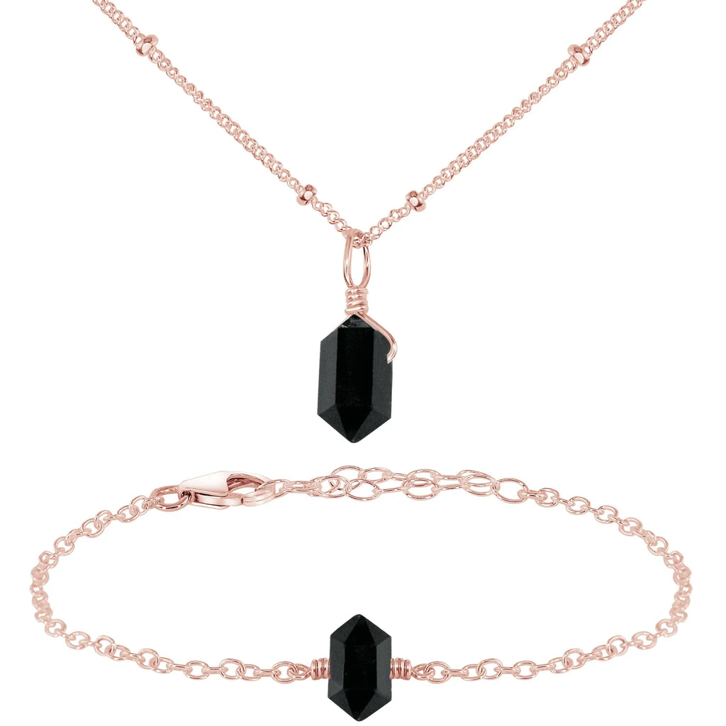 Black Tourmaline Double Terminated Crystal Jewellery Set - Black Tourmaline Double Terminated Crystal Jewellery Set - 14k Rose Gold Fill / Necklace & Bracelet / Satellite - Luna Tide Handmade Crystal Jewellery