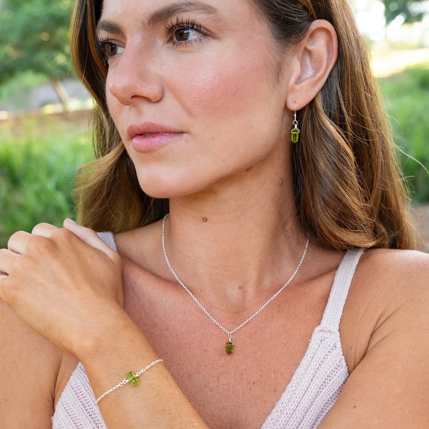 Peridot Mini Double Terminated Crystal Point Dangle Drop Earrings