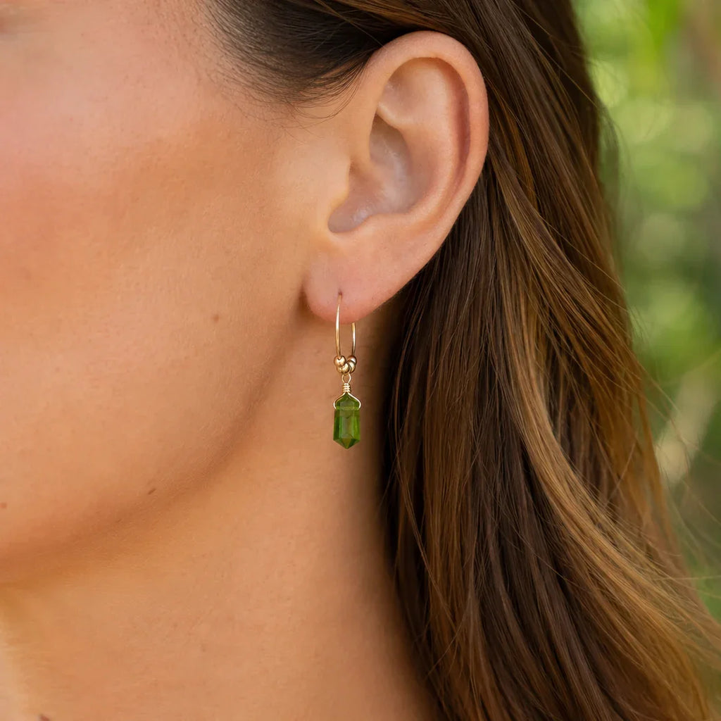 Double Terminated Peridot Mini Crystal Point Dangle Hoop Earrings - Double Terminated Peridot Mini Crystal Point Dangle Hoop Earrings - 14k Gold Fill - Luna Tide Handmade Crystal Jewellery
