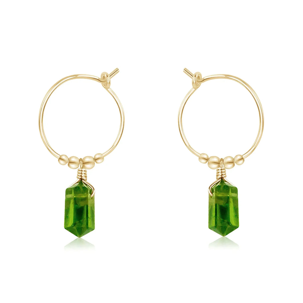 Double Terminated Peridot Mini Crystal Point Dangle Hoop Earrings - Double Terminated Peridot Mini Crystal Point Dangle Hoop Earrings - 14k Gold Fill - Luna Tide Handmade Crystal Jewellery