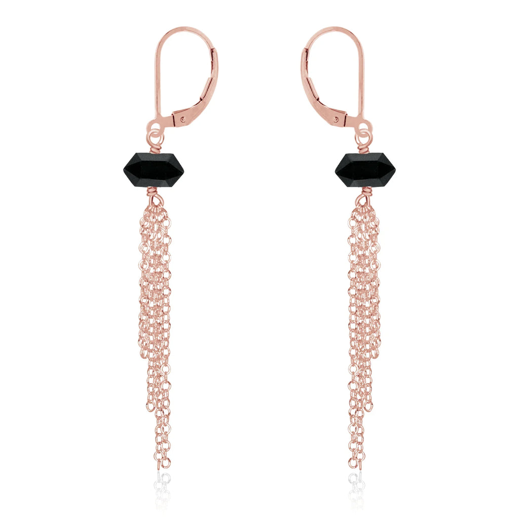 Black Tourmaline Double Terminated Crystal Point Tassel Earrings - Black Tourmaline Double Terminated Crystal Point Tassel Earrings - 14k Rose Gold Fill - Luna Tide Handmade Crystal Jewellery