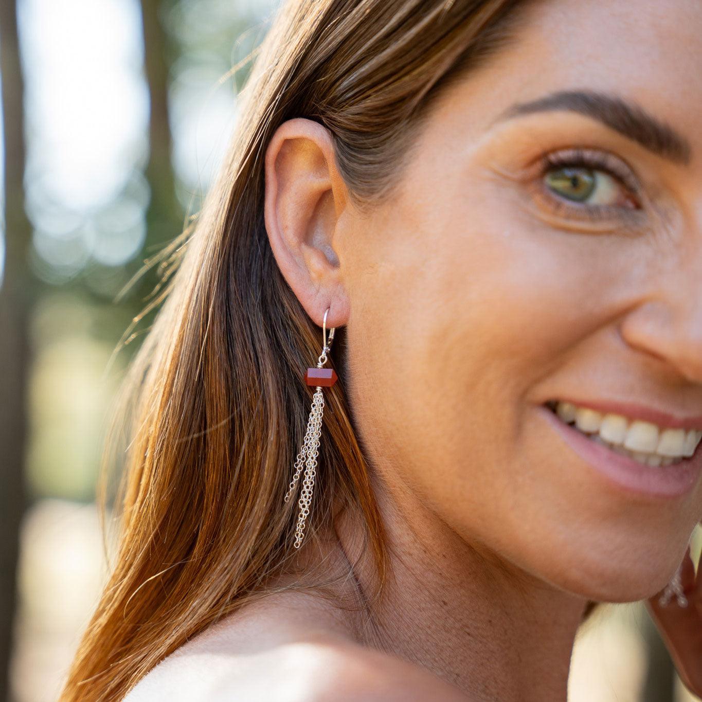 Custom Double Terminated Crystal Point Tassel Earrings - Custom Double Terminated Crystal Point Tassel Earrings - Sterling Silver / Carnelian for July - Luna Tide Handmade Crystal Jewellery