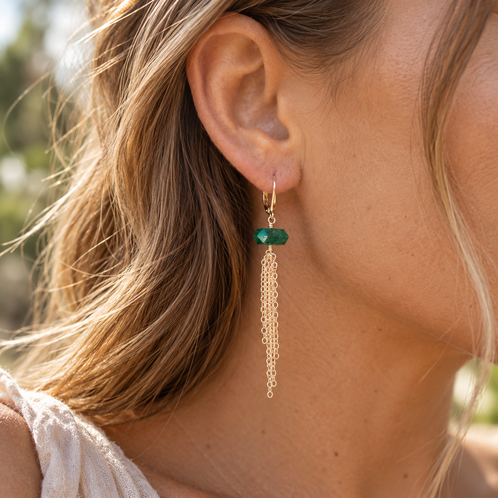 Emerald Double Terminated Crystal Point Tassel Earrings