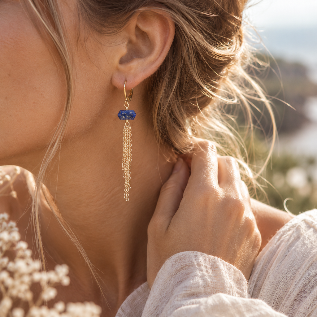 Lapis Lazuli Double Terminated Crystal Point Tassel Earrings