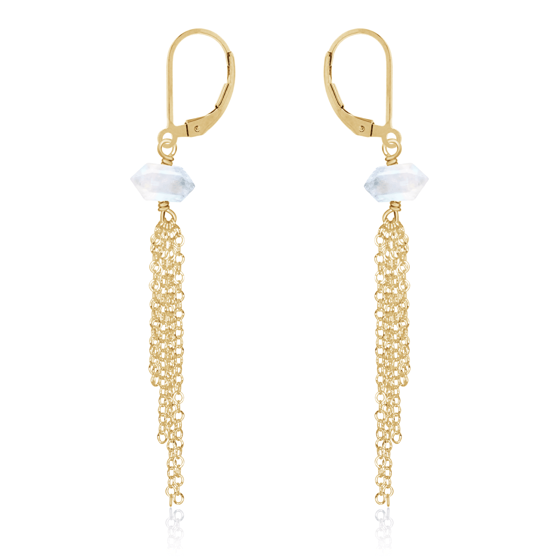 Rainbow Moonstone Double Terminated Crystal Point Tassel Earrings - Rainbow Moonstone Double Terminated Crystal Point Tassel Earrings - 14k Gold Fill - Luna Tide Handmade Crystal Jewellery